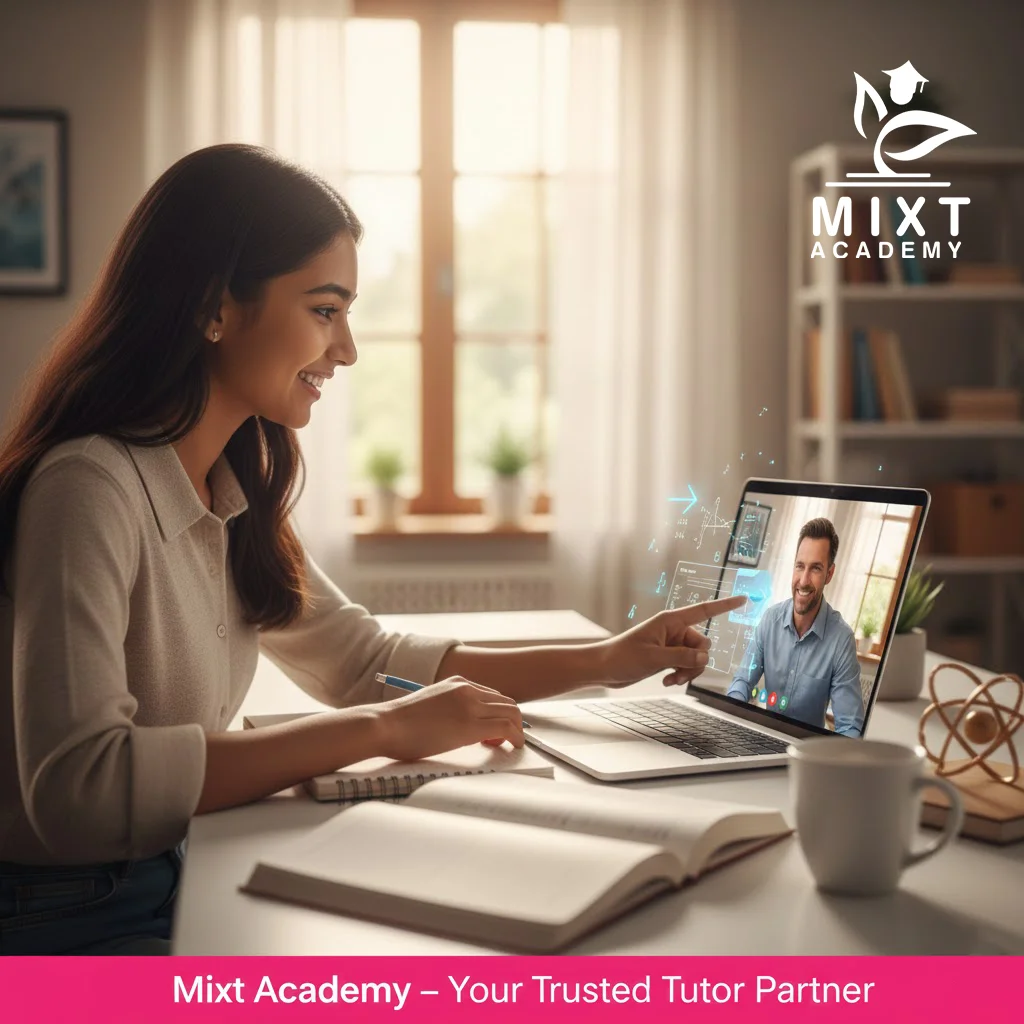 Student attending an online tutoring session on a laptop at home with notes and books