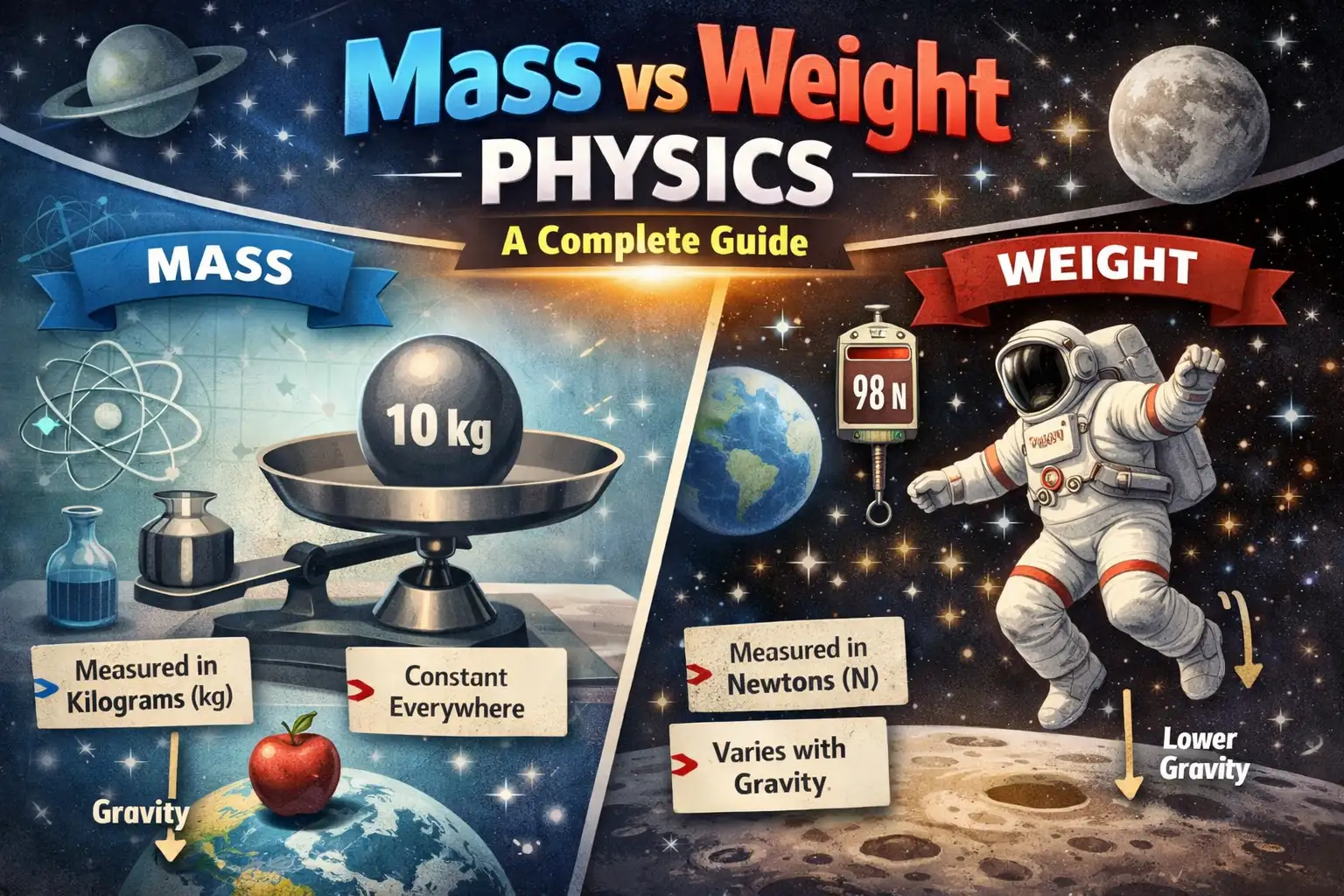 Illustration comparing mass and weight in physics using a balance scale, an astronaut, Earth and the Moon.