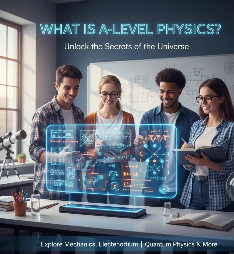 Illustration showing A Level Physics concepts like atoms, equations, space, waves, and experiments