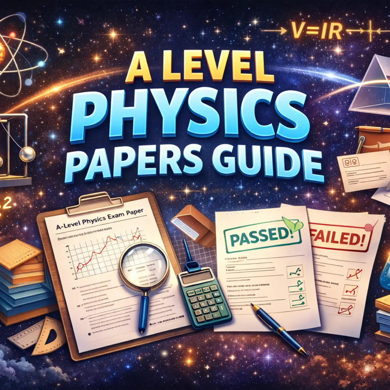 A Level Physics papers guide illustration with exam papers, calculator, formulas, and science icons