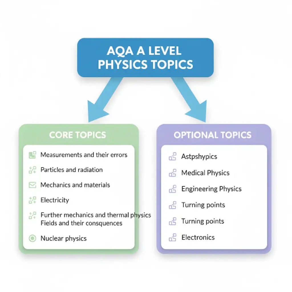 An image showing core and optional physics topics by AQA A level. AQA A Level Physics is divided into eight core topics, with a choice of one out of five optional topics: