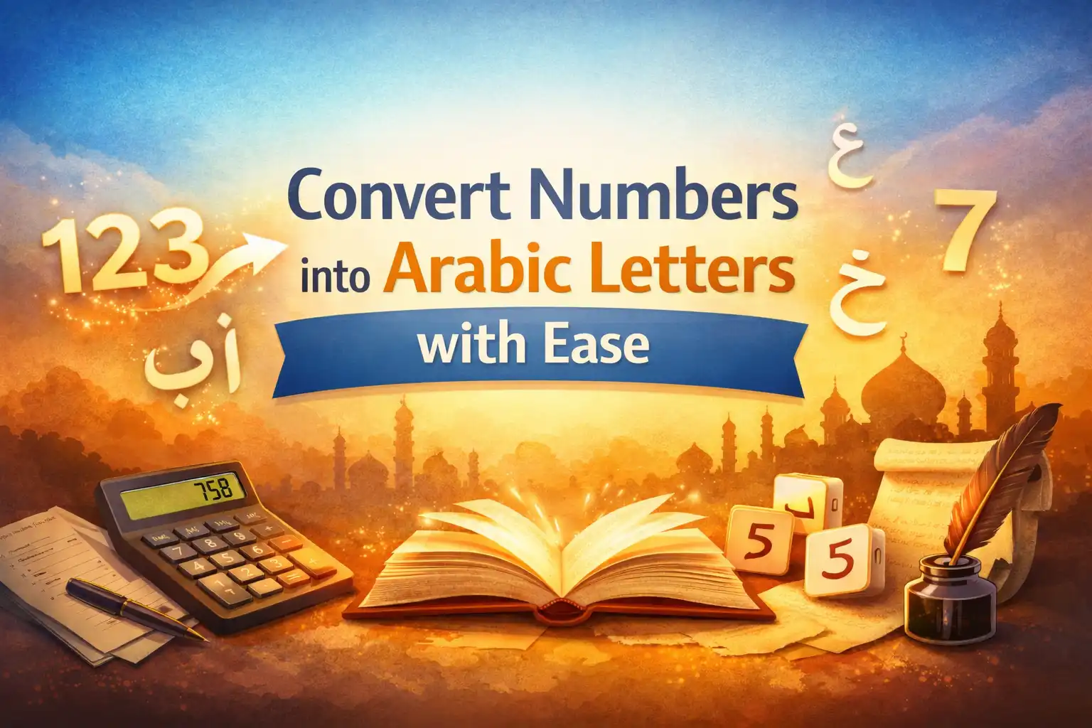 Illustration showing numbers converting into Arabic letters with educational tools and clear text