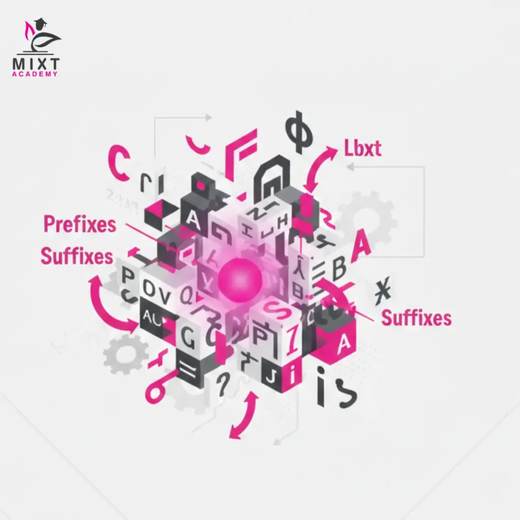 Abstract illustration showing prefixes and suffixes around letters with Mixt Academy branding