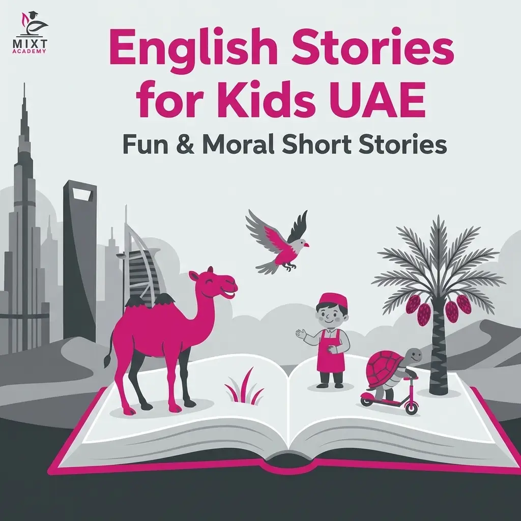 Illustration of English stories for kids in the UAE with camels, birds, and moral tales on an open book