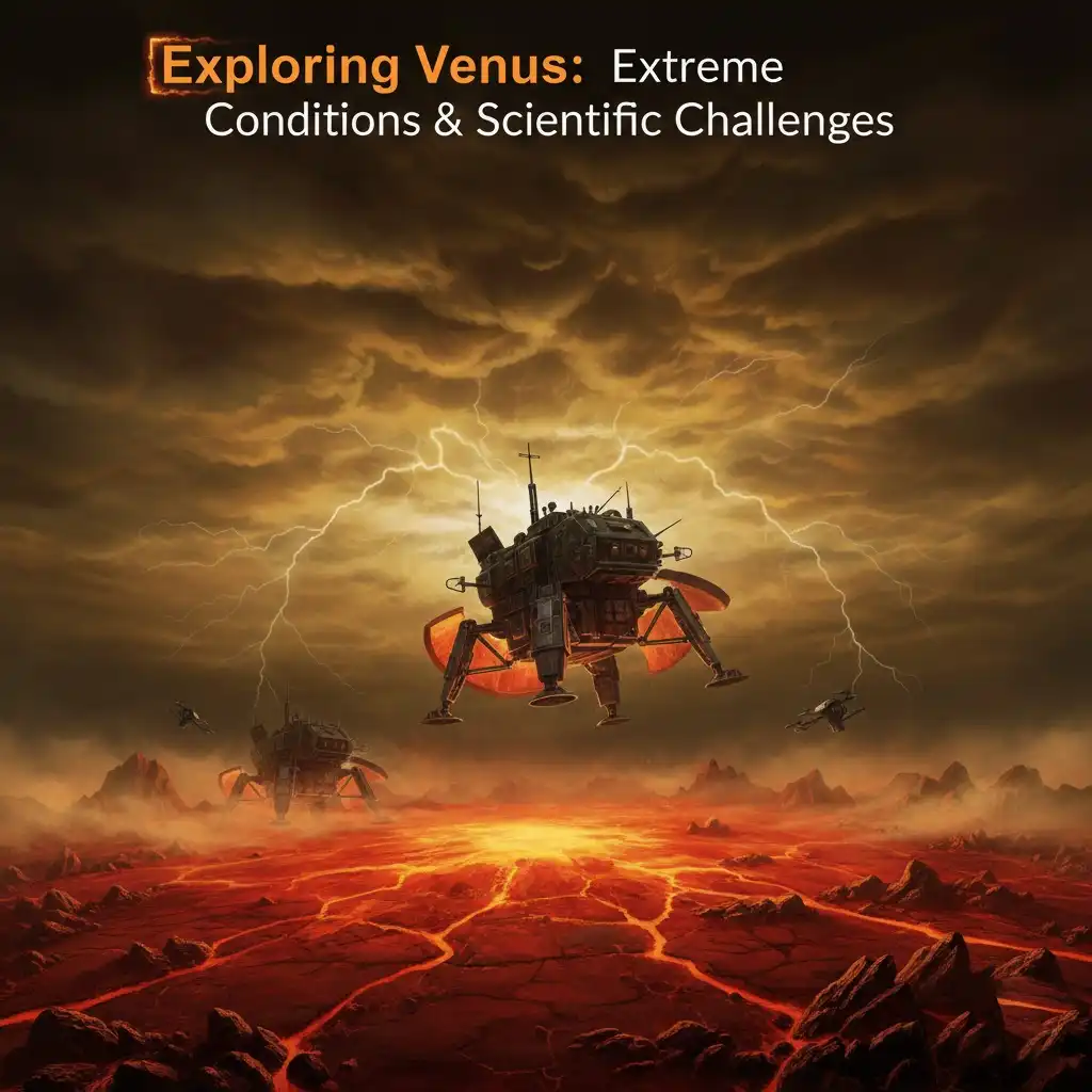 Illustration of Venus showing extreme heat, dense clouds, and robotic spacecraft exploring its surface.