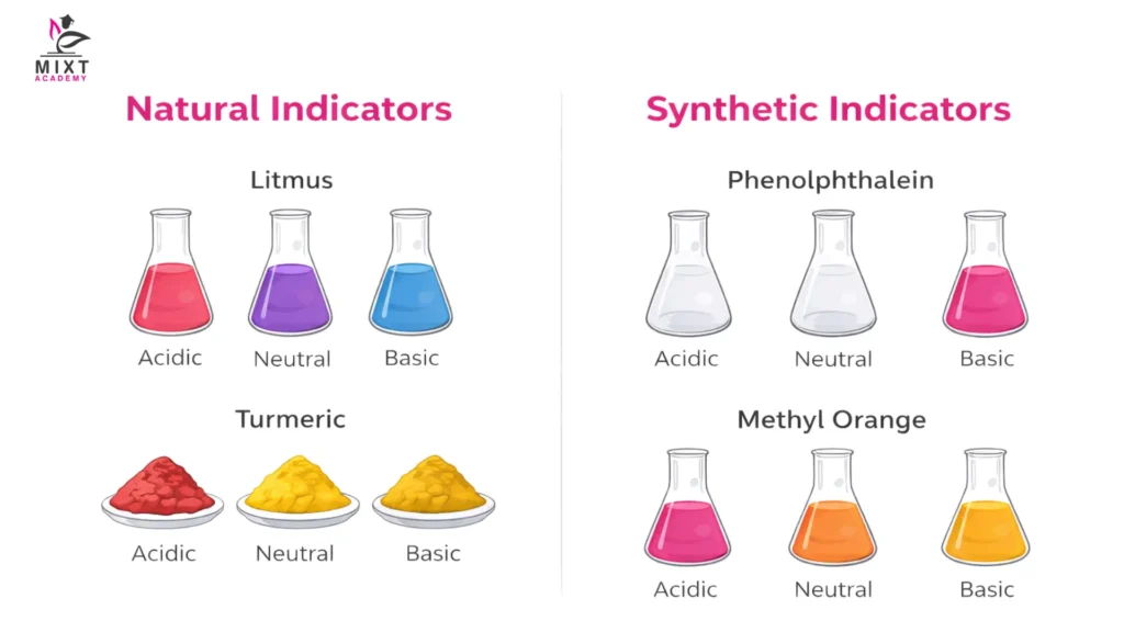 Natural and synthetic indicators with colour changes in acids and bases