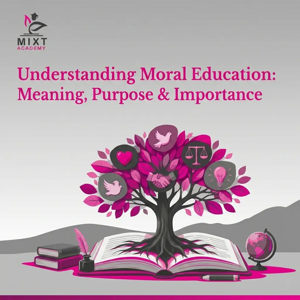 Illustration showing moral education values like empathy, honesty, respect, fairness, and growth.
