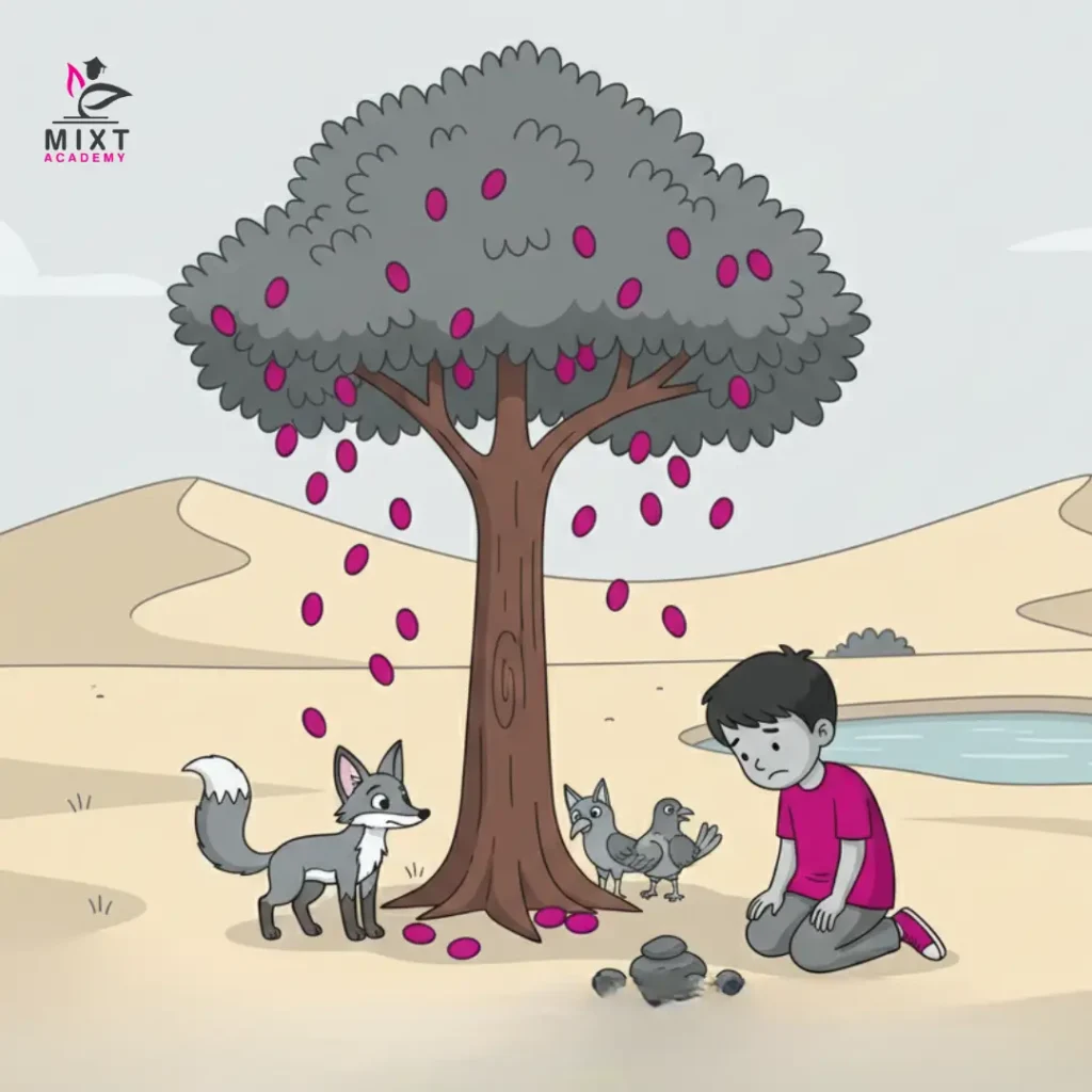 Cartoon boy kneeling under a tree as purple fruits fall, with animals nearby in a desert scene