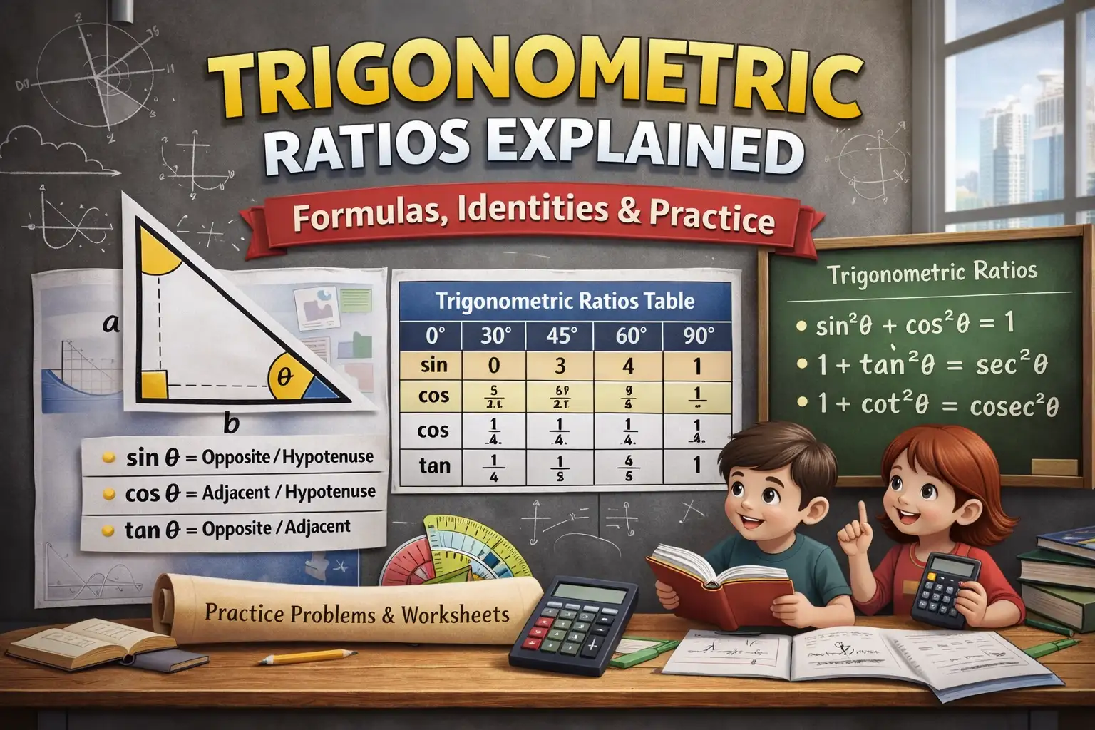 Realistic classroom image showing trigonometric ratios, right-angled triangle, formulas, and practice table.