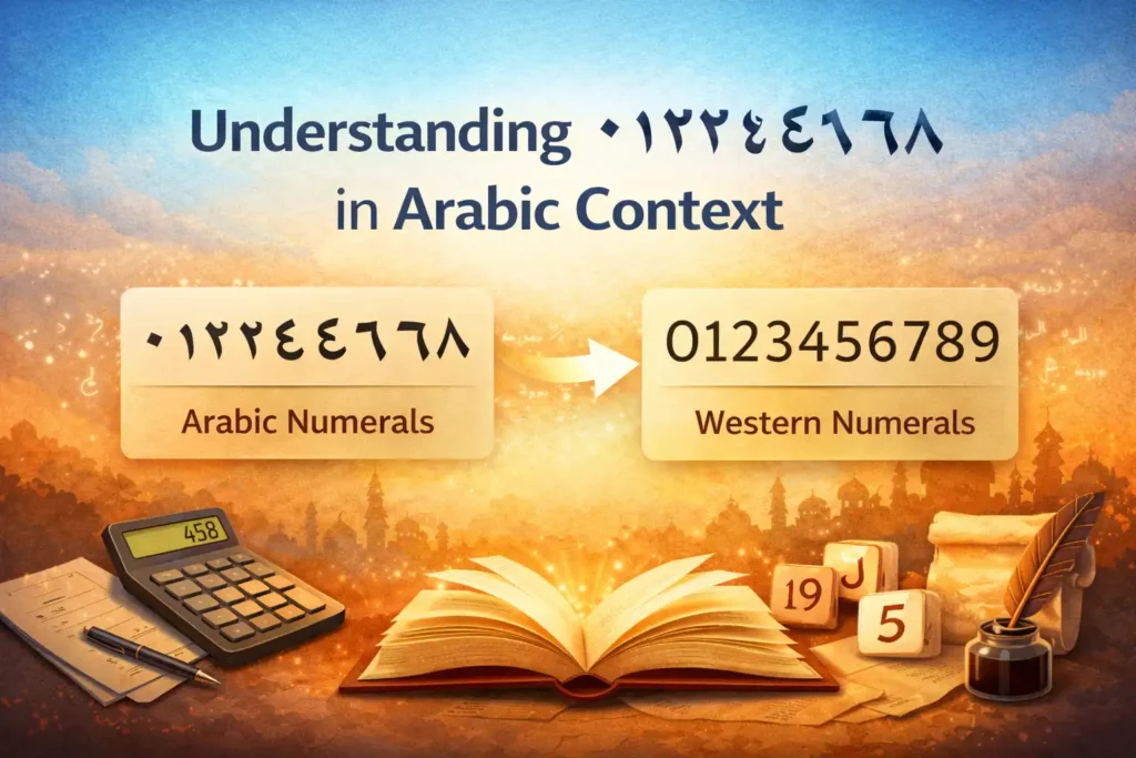 Illustration explaining Arabic numerals ٠١٢٣٤٥٦٧٨٩ with comparison to Western numbers in context