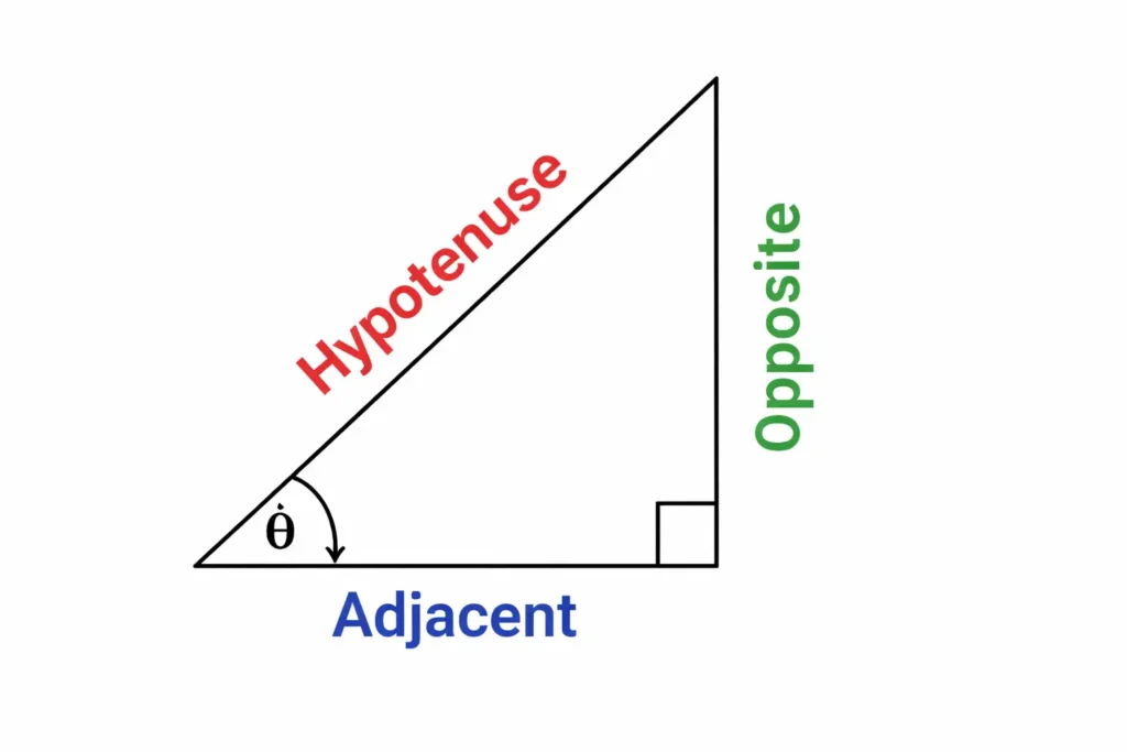 Trigonometry illustration showing right-angled triangle, sine, cosine, tangent formulas, and study tools.