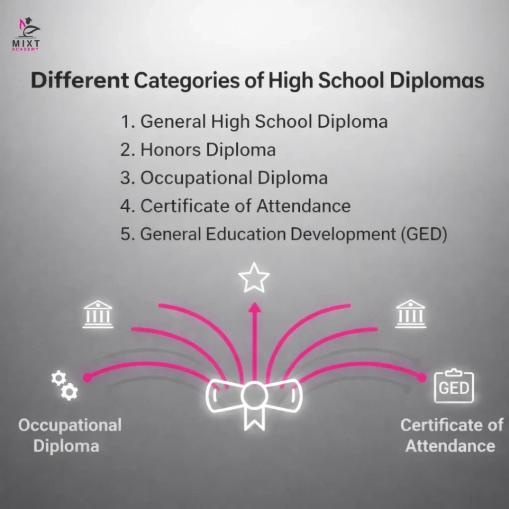 List infographic showing different categories of high school diplomas, including GED and honours