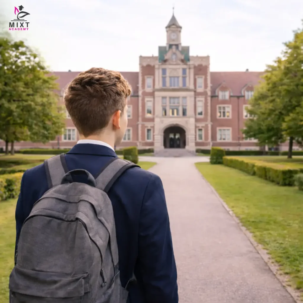 Student standing on university campus pathway looking toward historic academic building.