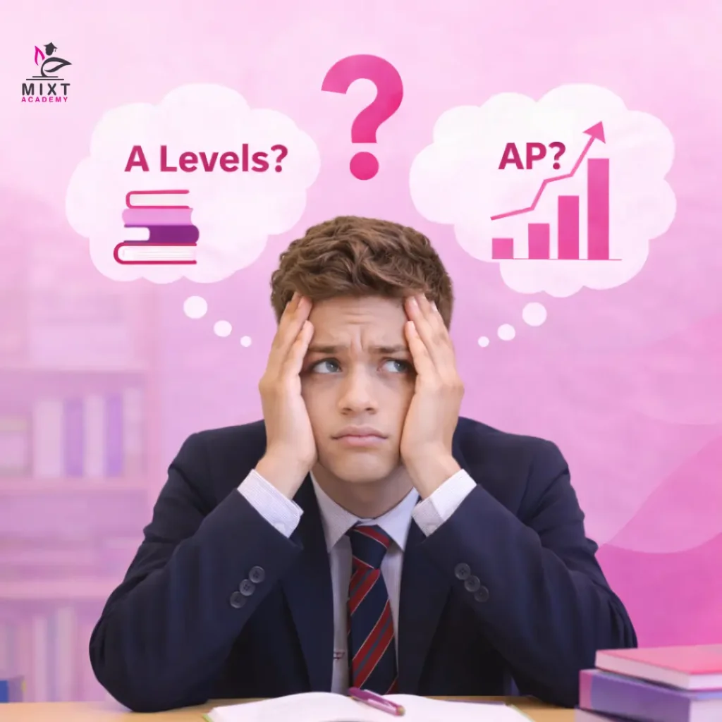 British student looking confused between A Levels and AP options with thought bubbles above.