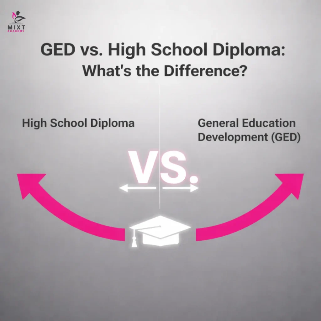 Comparison infographic showing GED versus high school diploma differences