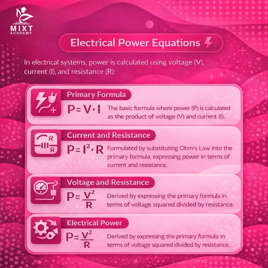 Electrical power equations showing relationships between voltage, current, and resistance in physics