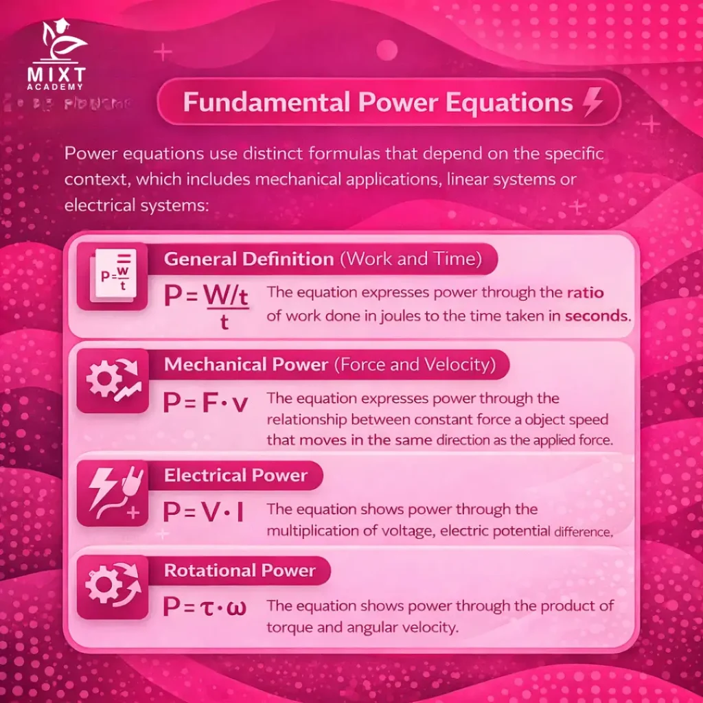 Fundamental power equations in physics covering work, mechanical, electrical, and rotational power