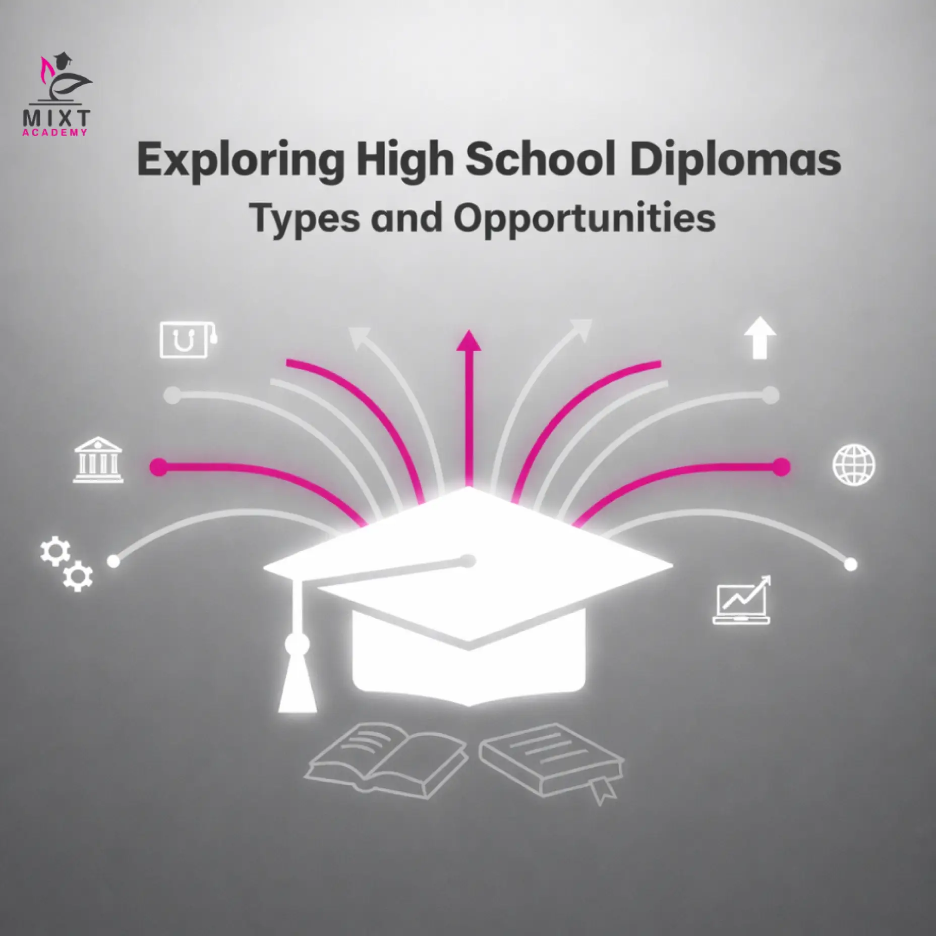 Graduation cap infographic showing high school diploma types and future opportunities