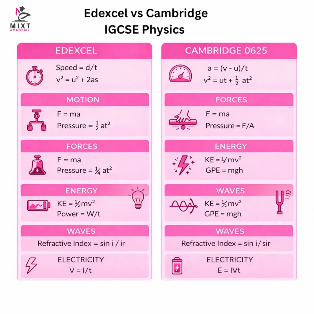 Edexcel vs Cambridge IGCSE Physics formula sheet comparison