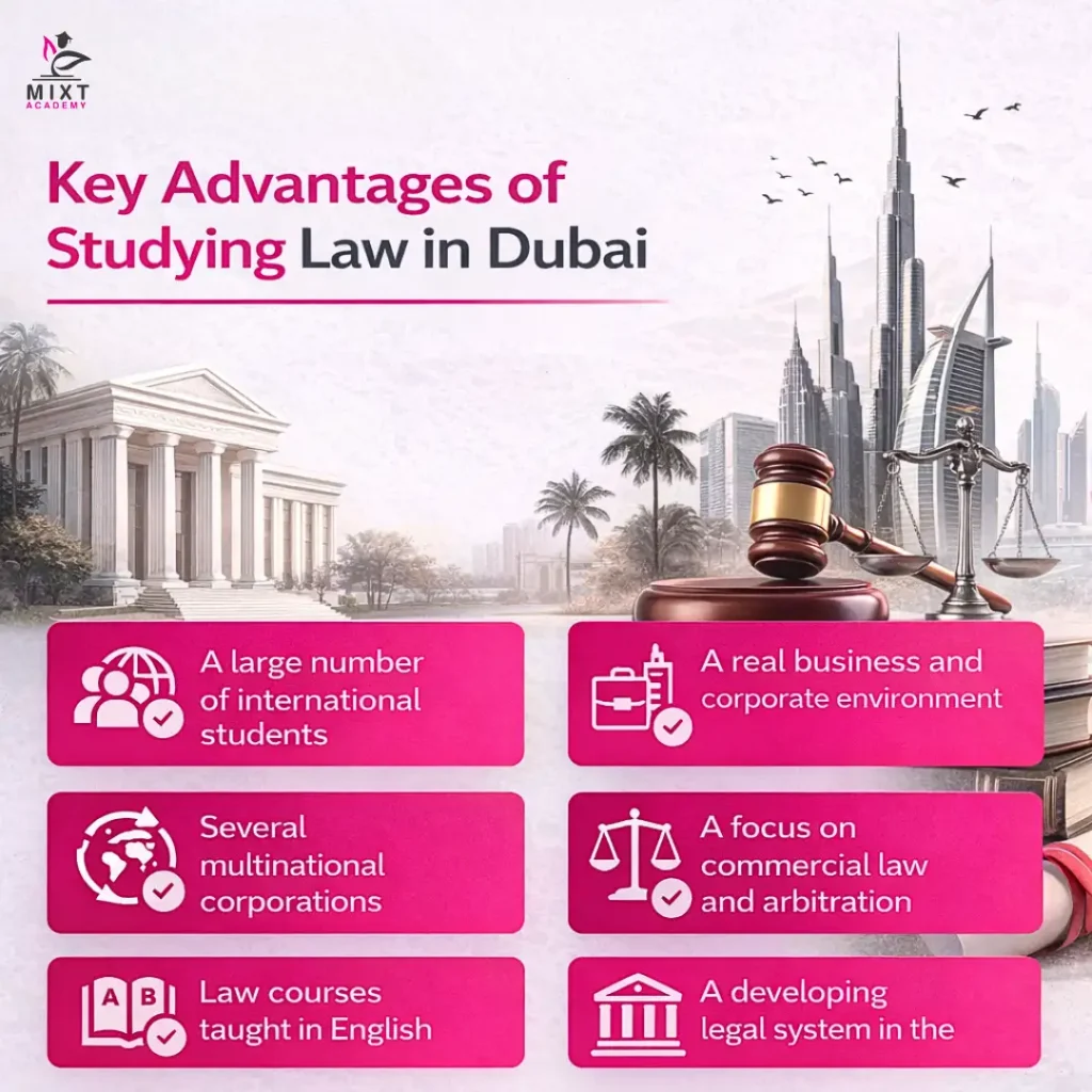 An image showing key advantages of studying law in Dubai
