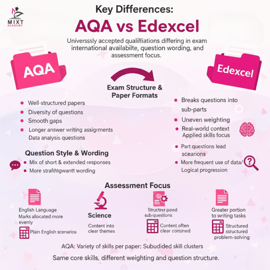 AQA vs Edexcel GCSE comparison infographic showing exam structure, question