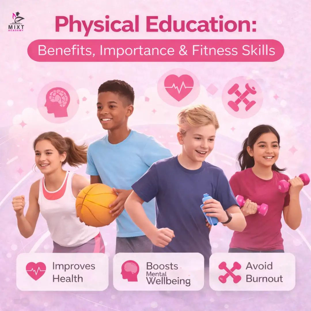 Students exercising in physical education, highlighting health, wellbeing, fitness skills, and teamwork.