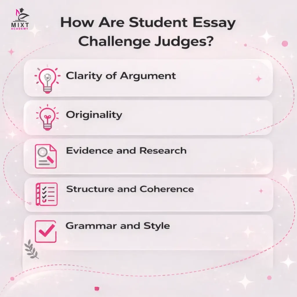 Criteria used to judge student essay challenges including clarity, originality, research, structure, and grammar