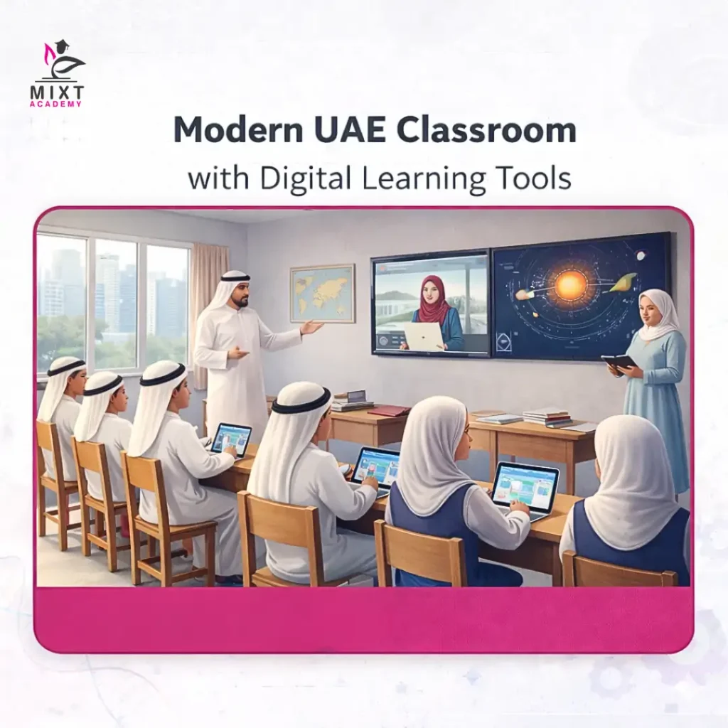 Modern classroom showing advanced education in the UAE, past and present