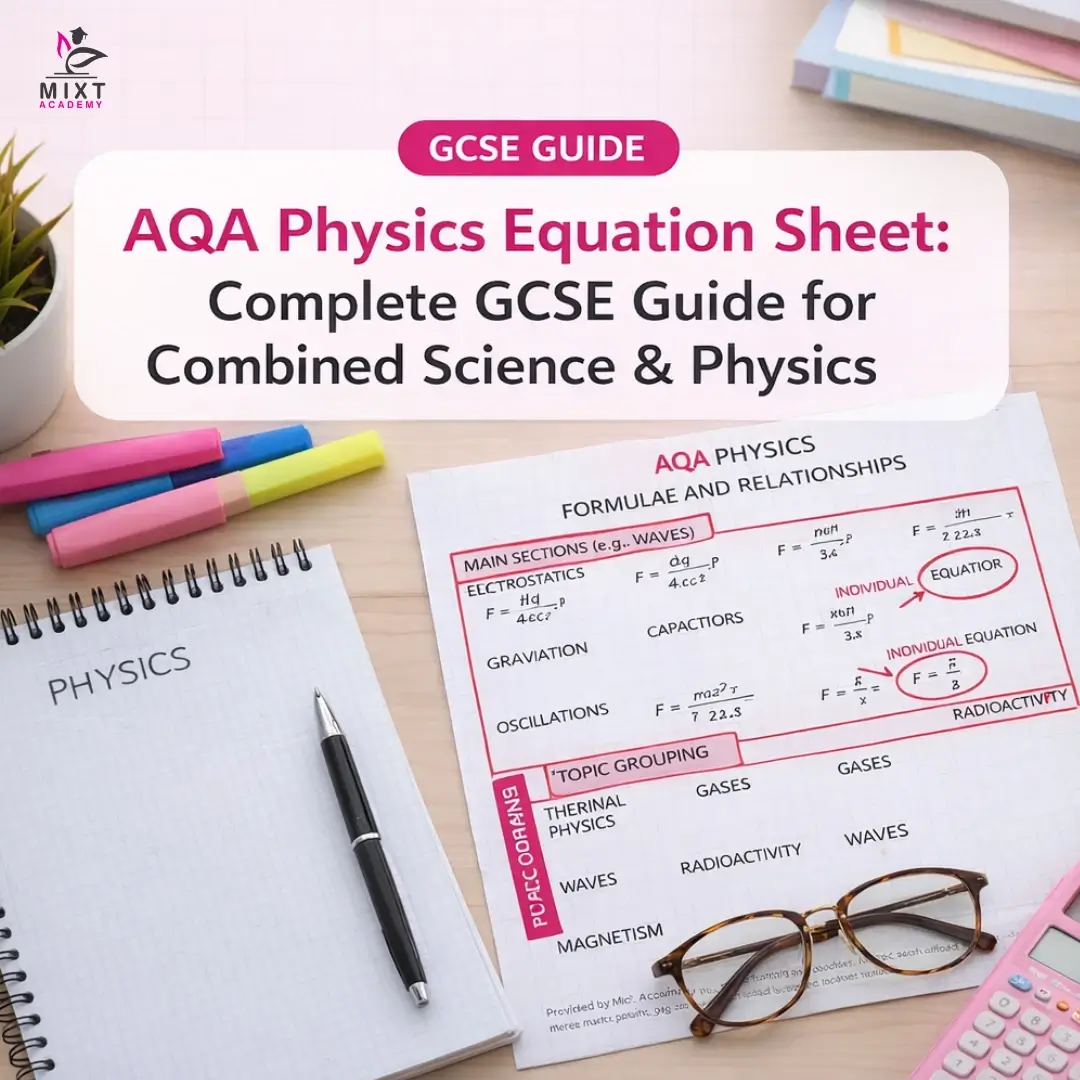 AQA Physics Equation Sheet GCSE guide by Mixt Academy with study desk layout