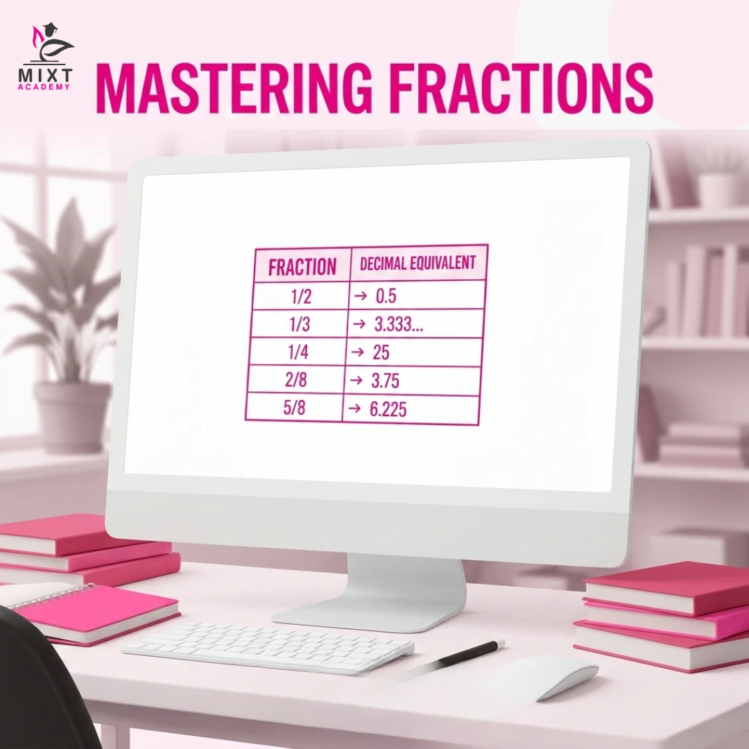 Fraction to decimal chart with common fractions and decimals