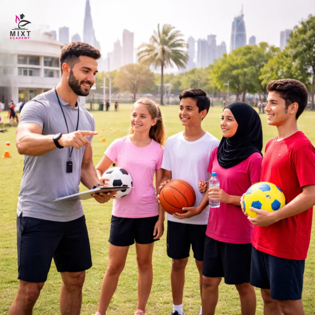 Physical education teacher with a UAE physical education degree conducting a school sports class