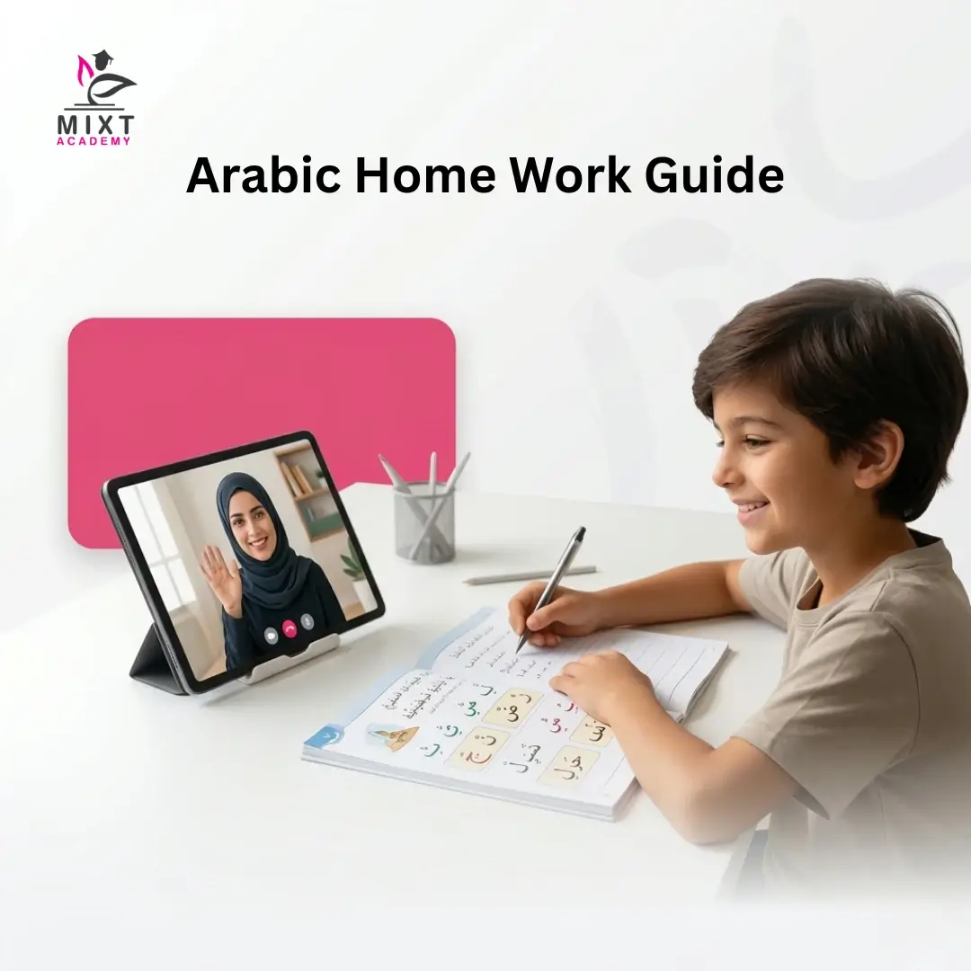 A child doing Arabic homework with worksheets and online guidance